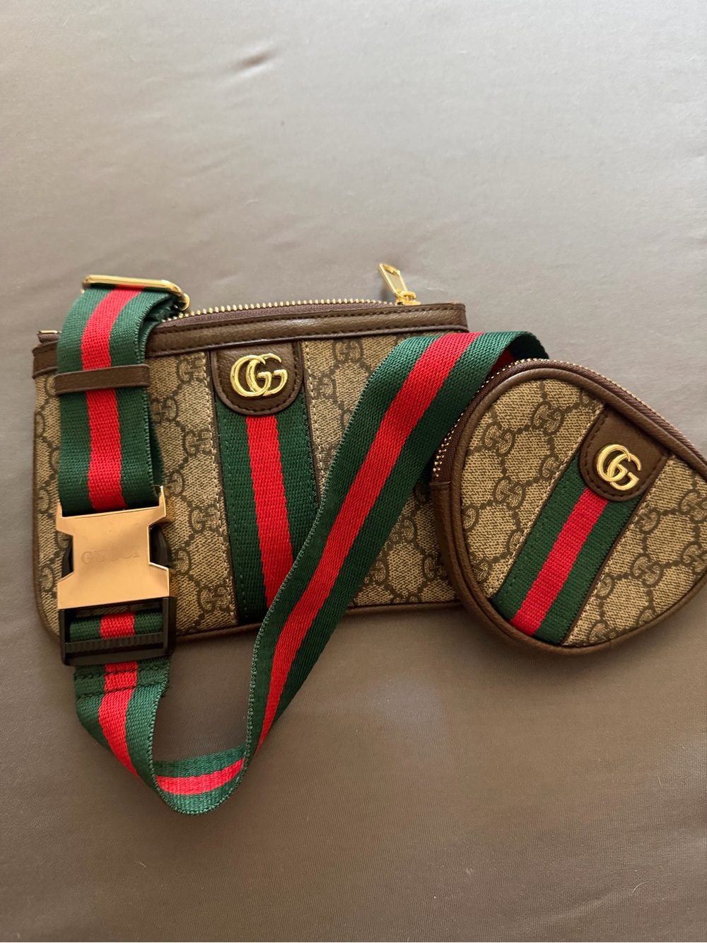 Gucci Beige GG Canvas Messenger with Green-Red Web and Gold Hardware